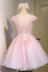 Pink Lace Short Tulle Homecoming Dress with Cap Sleeves Party Dress