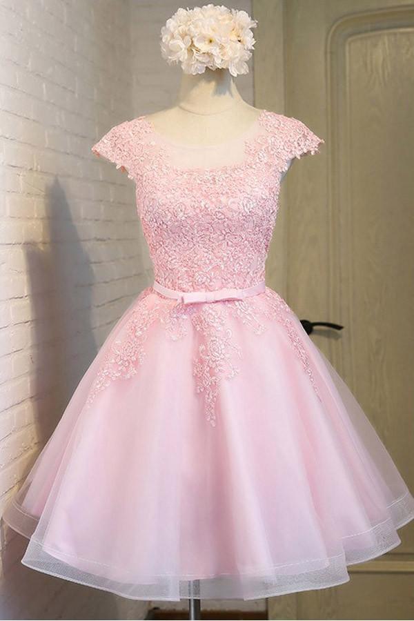 Pink Lace Short Tulle Homecoming Dress with Cap Sleeves Party Dress