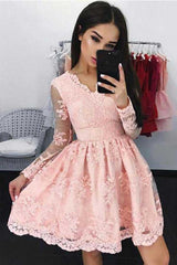 Pink Long Sleeves Lace Short Homecoming/Party Dress