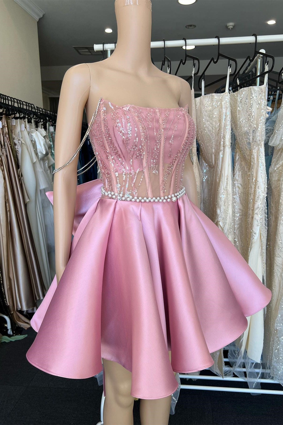 A-Line Cute Pink Lace Off-the-Shoulder Bowtie-Back Short Homecoming Dress
