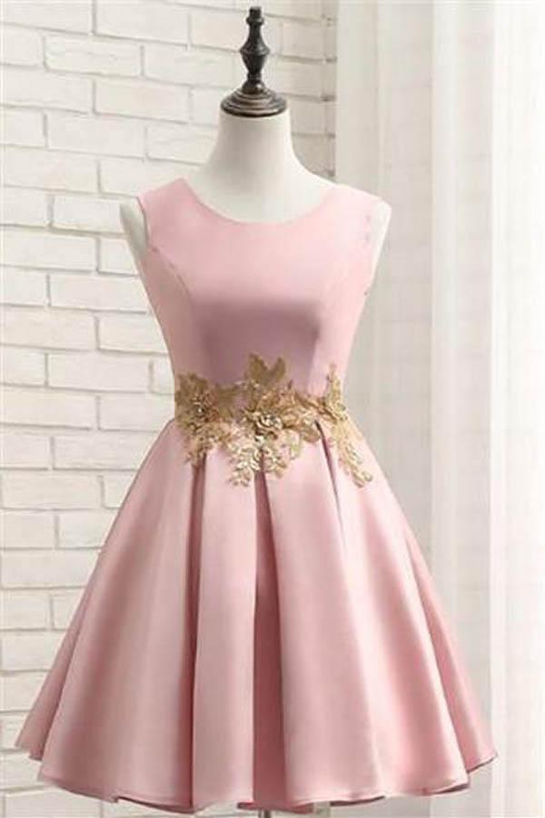 Pink Satin Short Prom Dress with Gold Applique Homecoming Dress