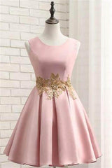 Pink Satin Short Prom Dress with Gold Applique Homecoming Dress