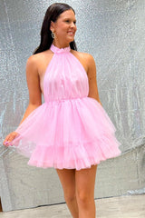 Cute Pink Tulle Halter Short Homecoming Dress with Ruffles