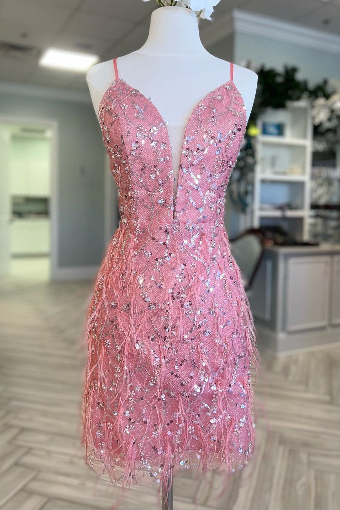 Cute Pink Tulle Sequin Plunge V Short Homecoming Cocktail Dress with Featherss