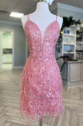 Cute Pink Tulle Sequin Plunge V Short Homecoming Cocktail Dress with Featherss