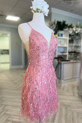 Cute Pink Tulle Sequin Plunge V Short Homecoming Cocktail Dress with Featherss