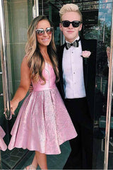 Pink V-Neck Pleated Satin Short Homecoming Dress with Pockets