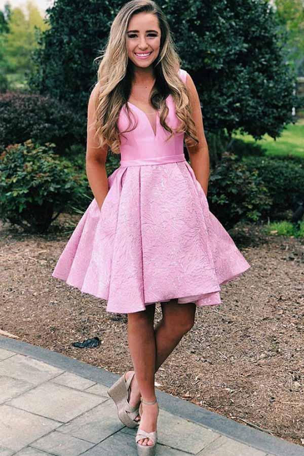 Pink V-Neck Pleated Satin Short Homecoming Dress with Pockets