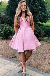 Pink V-Neck Pleated Satin Short Homecoming Dress with Pockets