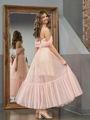 A-Line Rose Cute Pink Tulle Sweetheart Tea-Length Prom Dress