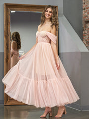 A-Line Rose Cute Pink Tulle Sweetheart Tea-Length Prom Dress
