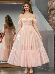 A-Line Rose Cute Pink Tulle Sweetheart Tea-Length Prom Dress