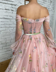 A-line Light Cute Pink Embroidery Off the Shoulder Prom Dress