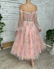 A-line Light Cute Pink Embroidery Off the Shoulder Prom Dress