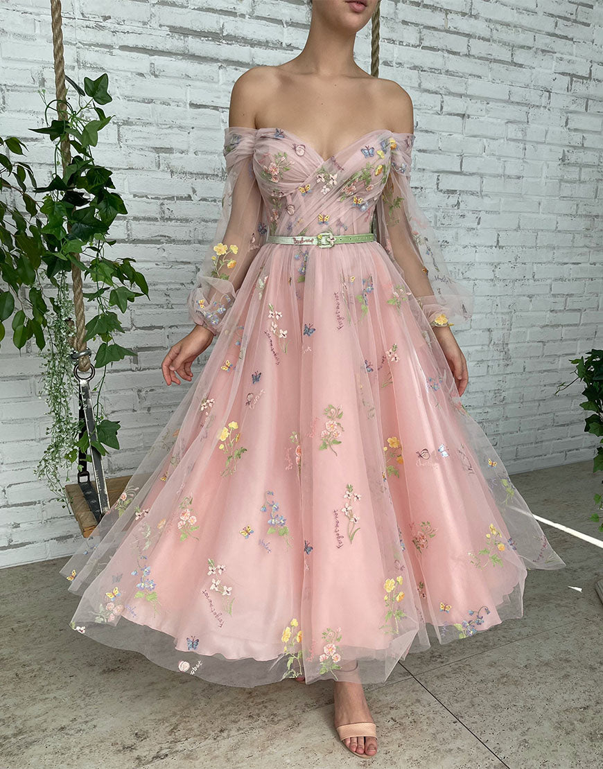 A-line Light Cute Pink Embroidery Off the Shoulder Prom Dress