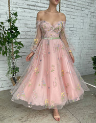 A-line Light Cute Pink Embroidery Off the Shoulder Prom Dress