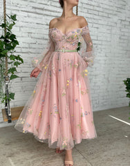 A-line Light Cute Pink Embroidery Off the Shoulder Prom Dress