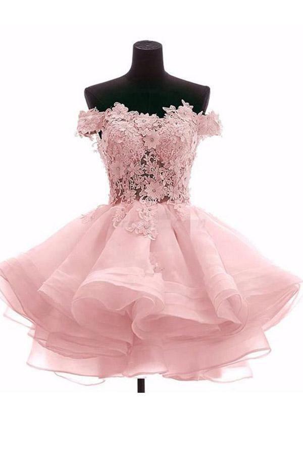 Pretty Off-The-Shoulder Pink Organza Short Homecoming Dress