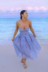 Purple Sweetheart A Line Corset Midi Party Dress With Applique