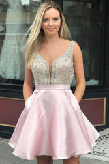 Red Beaded Satin Homecoming Dress with Pocket Short Prom Dress