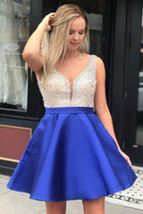 Red Beaded Satin Homecoming Dress with Pocket Short Prom Dress