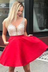 Red Beaded Satin Homecoming Dress with Pocket Short Prom Dress