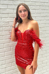 Red Plunging Off-the-Shoulder Sequins Homecoming Dress with Featherss