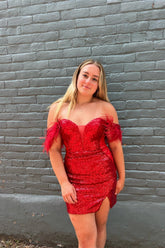 Red Plunging Off-the-Shoulder Sequins Homecoming Dress with Featherss