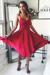 Red Satin Spaghetti Straps Cross Back Knee-Length Homecoming Dress