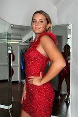 Red Sequins Bodycorn Plunging V Neck with Featherss
