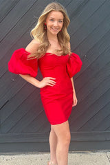 Red Strapless Bodycorn Homecoming Cocktail Dress with Puff Sleeves
