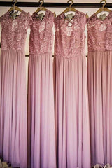 Chiffon Round Neck Cap Sleeves Bridesmaid Dress with Lace