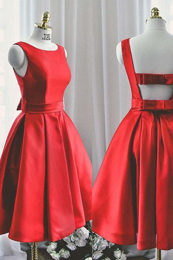 Round Neck Cute Red A-Line Satin Short Prom Dress Homecoming Dress