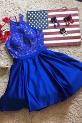 Royal Blue Halter Satin Short Prom Dress Homecoming Dress