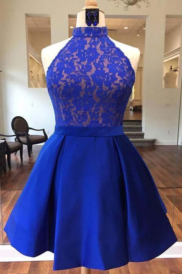 Royal Blue Halter Satin Short Prom Dress Homecoming Dress