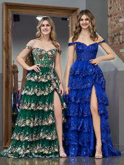 Royal Blue Princess A Line Off the Shoulder Corset Prom Dress with Lace Ruffles