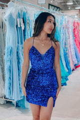 Royal Blue Bodycorn Sequins Lace-Up Homecoming Dress