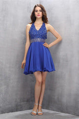 Royal Blue V-Neck Homecoming Dress with Beading