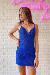 Royal Blue V-neck Spaghetti Straps Lace Appliques Homecoming Dress