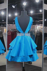 Blue Satin V-Neck Short Homecoming Dress with Beadings