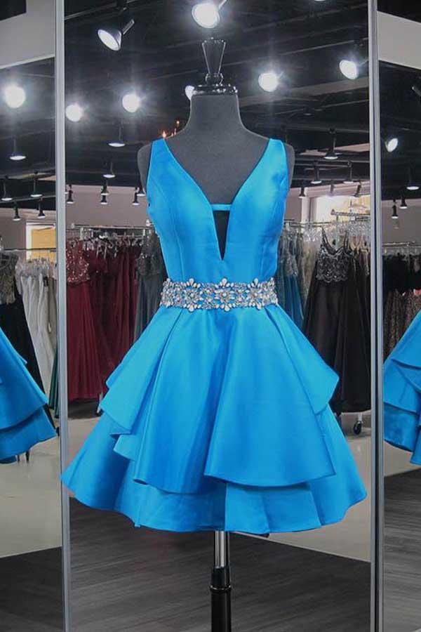 Blue Satin V-Neck Short Homecoming Dress with Beadings
