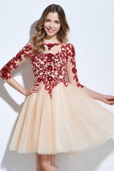 Scoop 3/4 Sleeve Appliques Sequins Knee-Length Cocktail Dress