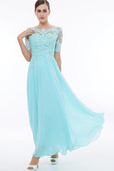 Scoop Neck Short Sleeves Beaded Appliqued Prom Dress Evening Dress