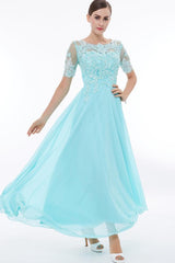 Scoop Neck Short Sleeves Beaded Appliqued Prom Dress Evening Dress