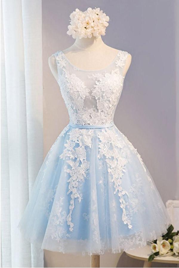 Scoop Neck Short Tulle Homecoming Dress with Lace Appliques