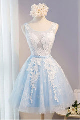 Scoop Neck Short Tulle Homecoming Dress with Lace Appliques
