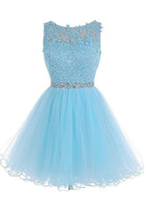 Scoop Neck Short Blue Zipper-Up Tulle Homecoming Dress