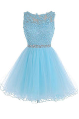 Scoop Neck Short Blue Zipper-Up Tulle Homecoming Dress