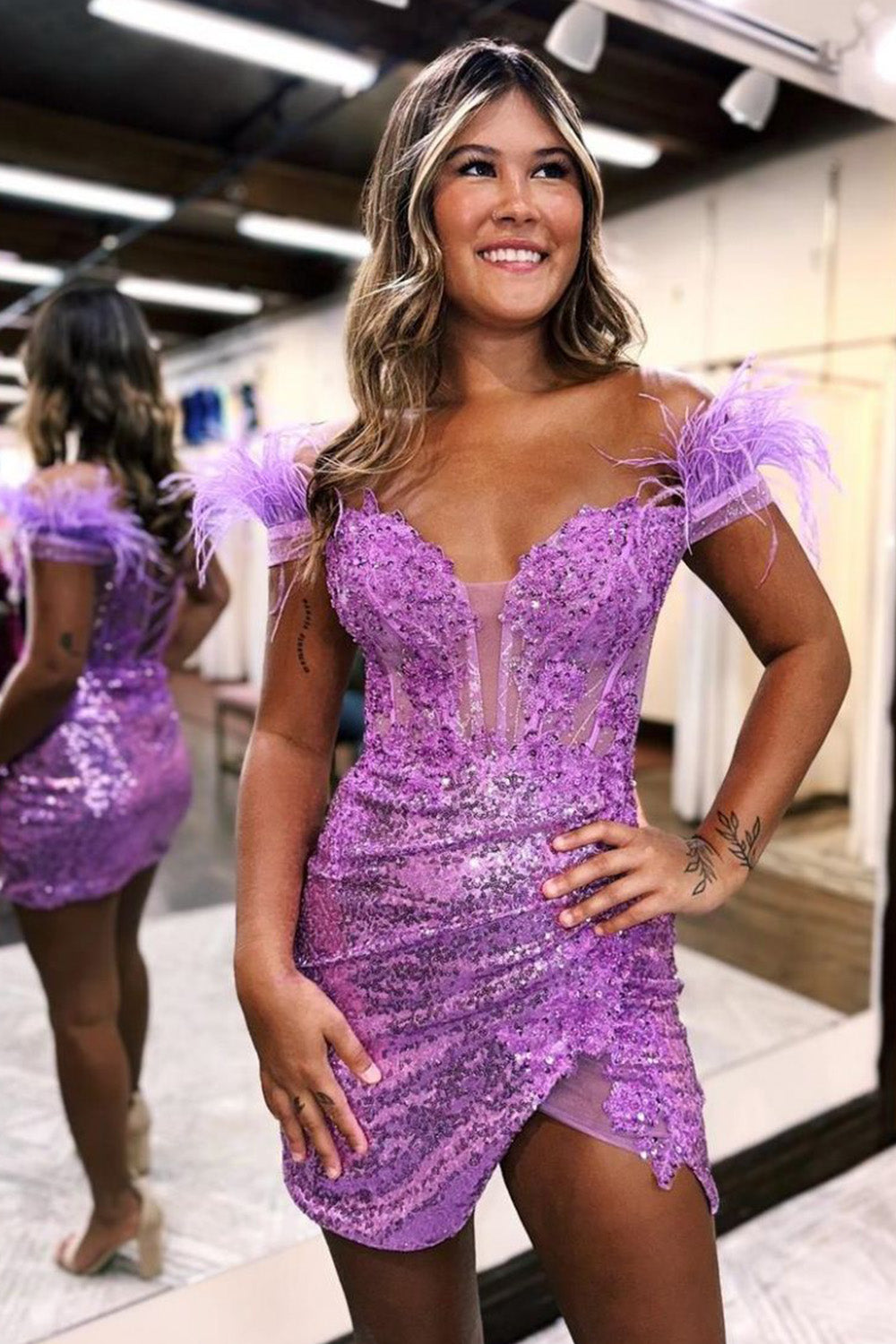 Sequin Off The Shoulder Corset-Corset Short Homecoming Dress With Feathers