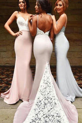 Sexy Spaghetti Straps Long Bridesmaid Dresses, White Lace